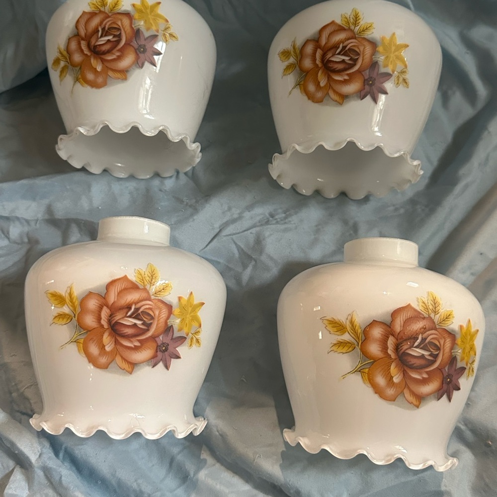 4 Vintage Floral White Glass Lamp Covers